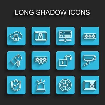 Set line Shield with check mark, Motion sensor, Cloud computing lock, Safe Illustrazione stock