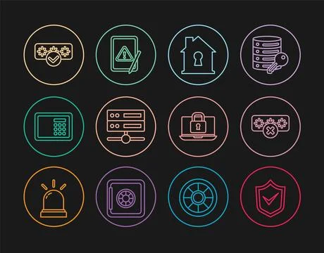 Set line Shield with check mark, Password protection, House under, Server, Data Stock Illustration