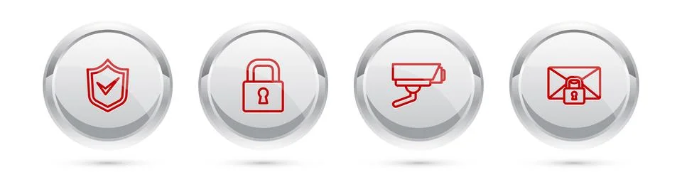Set line Shield with check mark, Lock, Security camera and Mail message loc.. Stock Illustration