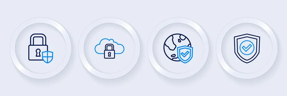 Set line Shield with check mark world globe Cloud computing lock and security Stock Illustration