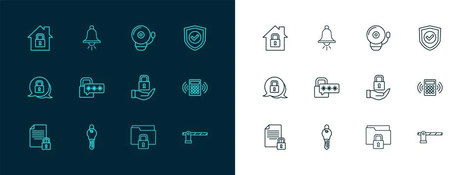 Set line Shield with check mark, Key, Lock, Folder and lock, Cyber security.. Stock Illustration