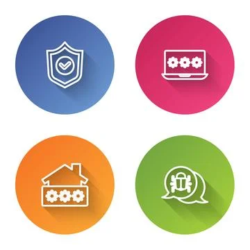 Set line Shield with check mark, Laptop password, House and System bug. Color Stock Illustration