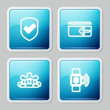 Set line Shield with check mark, Cash back, Project team base and Contactless Stock Illustration