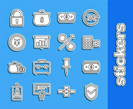 Set line Shield with check mark, Calculator dollar symbol, Presentation fin.. Stock-Illustration