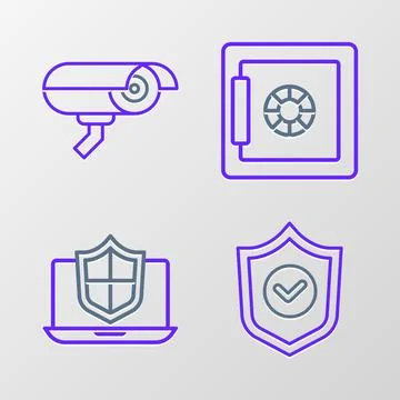 Set line Shield with check mark, Laptop protected shield, Safe and Security.. Stock Illustration