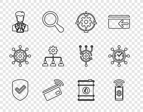 Set line Shield with check mark, Contactless payment, Outsourcing concept, .. Stock Illustration