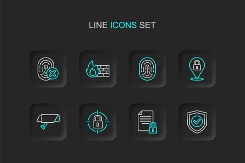 Set line Shield with check mark, Document and lock, Lock, Security camera, .. 스톡 일러스트