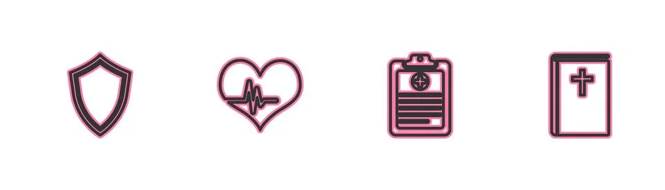 Set line Shield, Clinical record, Heart rate and Holy bible book icon. Vector Stock Illustration
