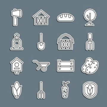 Set line Shield corn, Potato, Garden rake, Bread loaf, Shovel, Full sack, W.. Stock Illustration