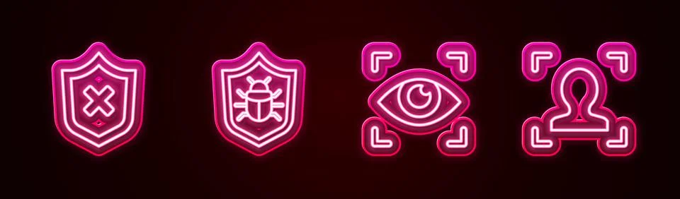 Set line Shield with cross mark, System bug, Eye scan and Face recognition Illustrazione stock