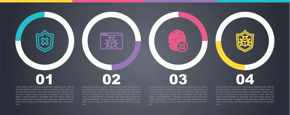 Set line Shield with cross mark, System bug, Cancelled fingerprint and Stock-Illustration