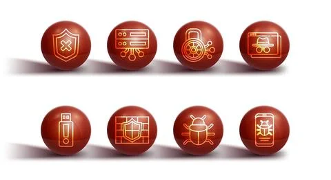 Set line Shield with cross mark, USB flash drive, Browser incognito window, S Stock Illustration