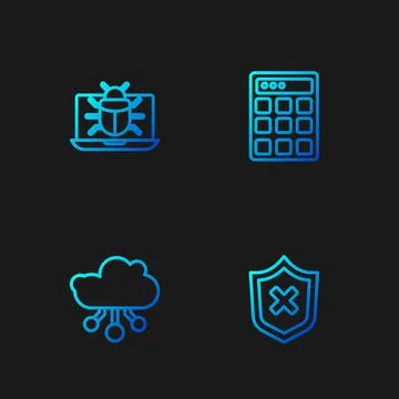 Set line Shield with cross mark, Internet of things, System bug on monitor an Illustrazione stock