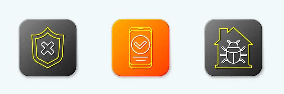Set line Shield with cross mark, Smartphone and House system bug icon. Vector イラスト素材