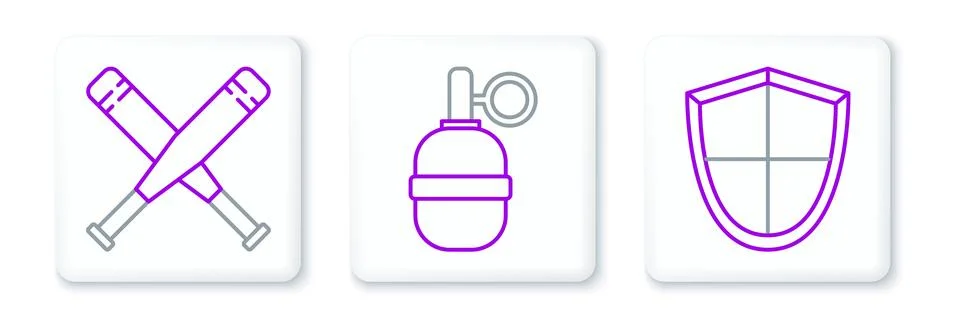 Set line Shield, Crossed baseball bat and Hand grenade icon. Vector Stock Illustration