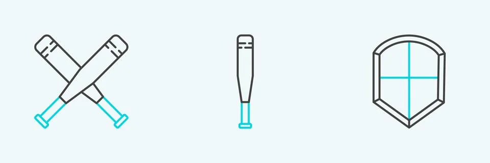 Set line Shield, Crossed baseball bat and Baseball icon. Vector Stock Illustration