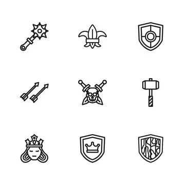 Set line Shield with crown, Battle hammer, Skull sword, Mace spikes, Fleur .. Illustration