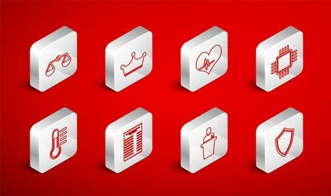 Set line Shield, Crown, Heart rate, Processor with CPU, Speaker, Scales of Stockillustratie