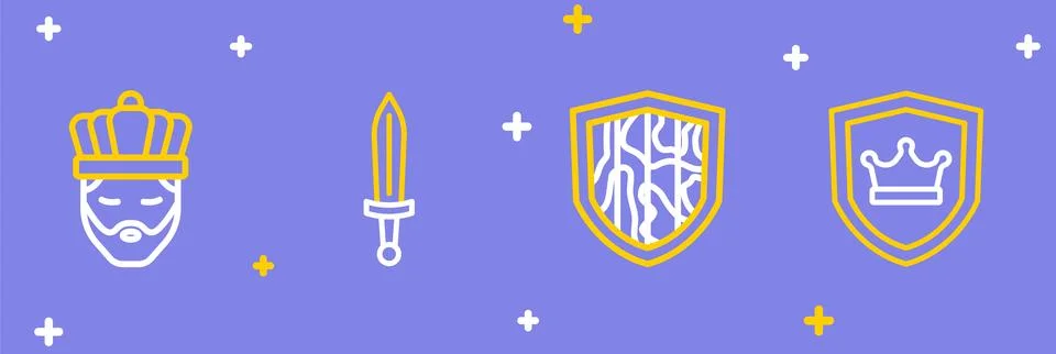 Set line Shield with crown, Medieval sword and King icon. Vector Stock Illustration