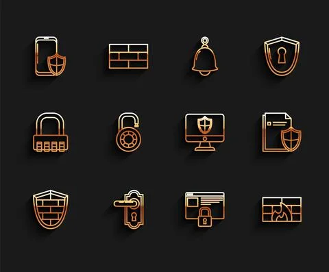 Set line Shield with cyber security brick wall, Smartphone shield, Secure your Stock-Illustration