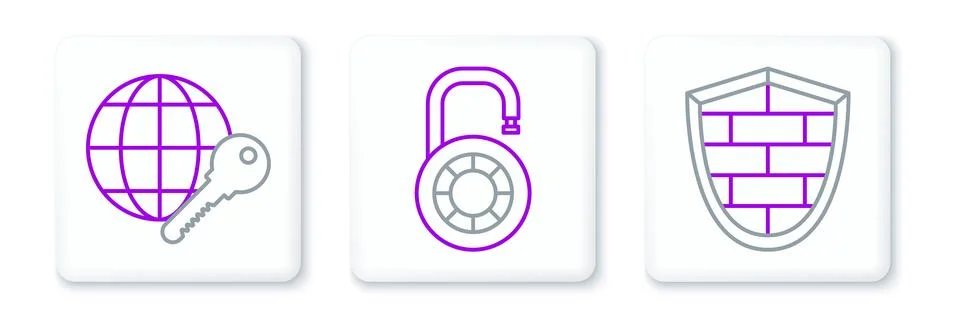 Set line Shield with cyber security brick wall, Globe key and Safe combination Stock Illustration