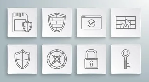 Set line Shield, with cyber security brick wall, Safe, Lock, Key, Secure your Stockillustratie