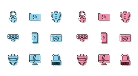 Set line Shield with cyber security brick wall, Safe combination lock wheel 库存插图