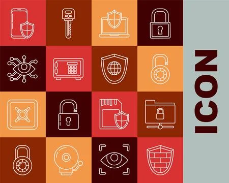 Set line Shield with cyber security brick wall, FTP folder and lock, Safe Stock Illustration