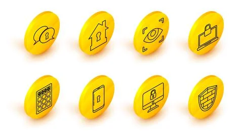Set line Shield with cyber security brick wall, Smartphone lock, Password p.. Stock Illustration