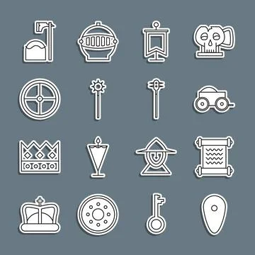 Set line Shield, Decree, parchment, scroll, Wooden four-wheel cart, Medieval Illustrazione stock