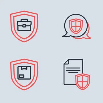 Set line Shield, Delivery security with shield, Contract and Briefcase icon.. Stock Illustration