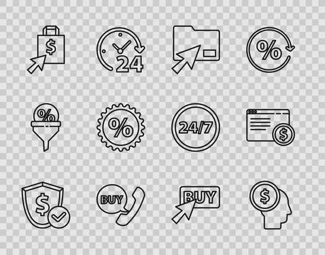 Set line Shield with dollar, Business man planning mind, Cursor click document Stock-Illustration