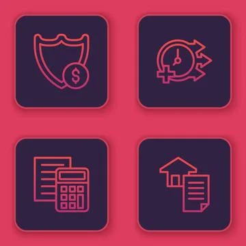 Set line Shield with dollar, Calculator, Clock and House contract. Blue square Stock Illustration