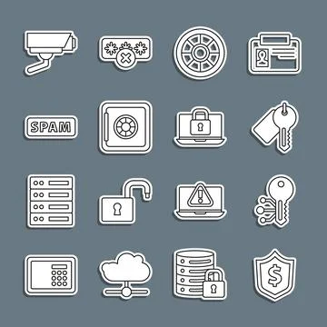 Set line Shield with dollar, Cryptocurrency key, Marked, Safe, Spam, Securi.. 库存插图