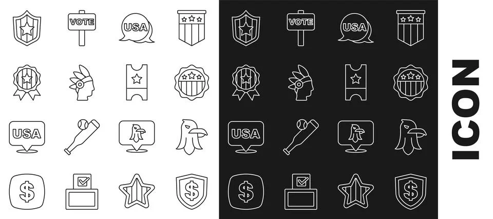 Set line Shield with dollar, Eagle, USA Independence day, Native American Indian Stock Illustration