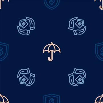 Set line Shield with dollar, House in hand and Umbrella on seamless pattern Stock Illustration