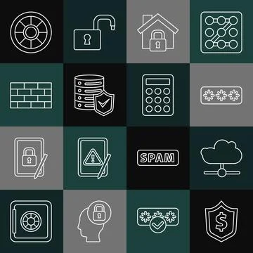 Set line Shield with dollar, Network cloud connection, Password protection Stockillustratie