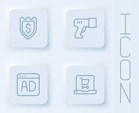 Set line Shield with dollar, Scanner scanning bar code, Advertising and Shopping Illustrazione stock