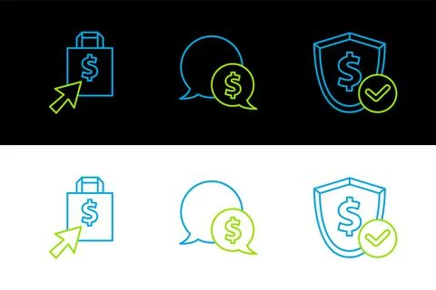 Set line Shield with dollar, Shoping bag and and Speech bubble icon. Vector Stock Illustration