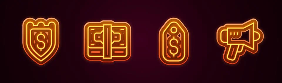 Set line Shield with dollar, Stacks paper money cash, Price tag and Megaphone Illustrazione stock