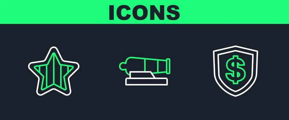 Set line Shield with dollar, USA Independence day and Cannon icon. Vector Stock Illustration