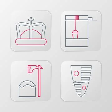 Set line Shield, Executioner axe in tree block, Well with bucket and King c.. Stock Illustration
