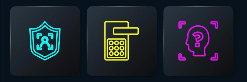 Set line Shield face recognition, Face and Digital door lock. Black square Illustration