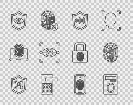 Set line Shield face recognition, Fingerprint with lock, voice, Digital door Illustration