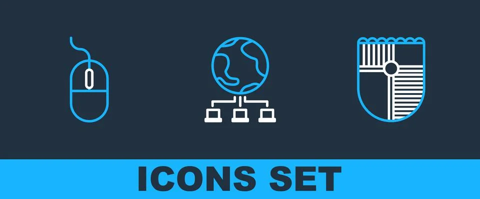 Set line Shield for game, Computer mouse and network icon. Vector Stock Illustration