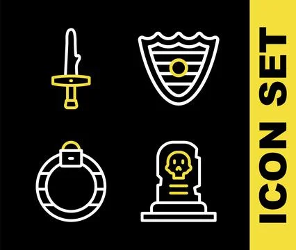 Set line Shield, Grave with tombstone, Magic ring and Dagger icon. Vector Stock Illustration
