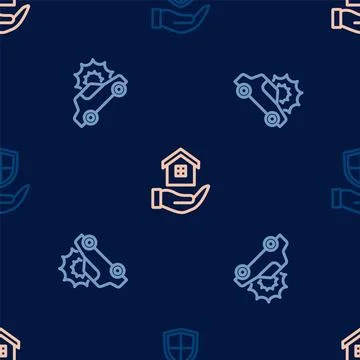 Set line Shield in hand, Car insurance and House on seamless pattern. Vector Stock Illustration