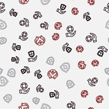 Set line Shield in hand, Lifebuoy, insurance with shield and on seamless pattern Stock Illustration