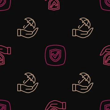 Set line Shield in hand, Umbrella and on seamless pattern. Vector Stock Illustration