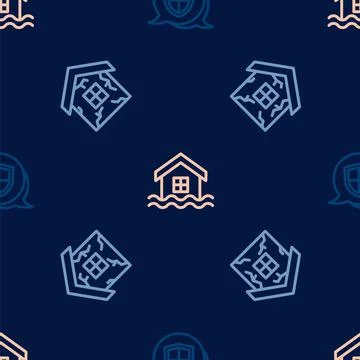 Set line Shield, House and flood on seamless pattern. Vector Stock Illustration